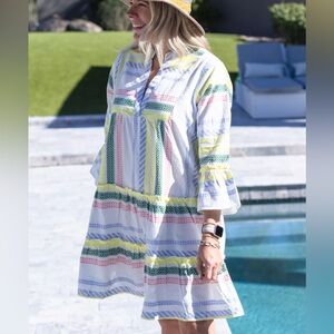 THML TIERED BELL SLEEVES A-LINE ABOVE KNEE BLUE YELLOW & WHITE COTTON DRESS SZ M